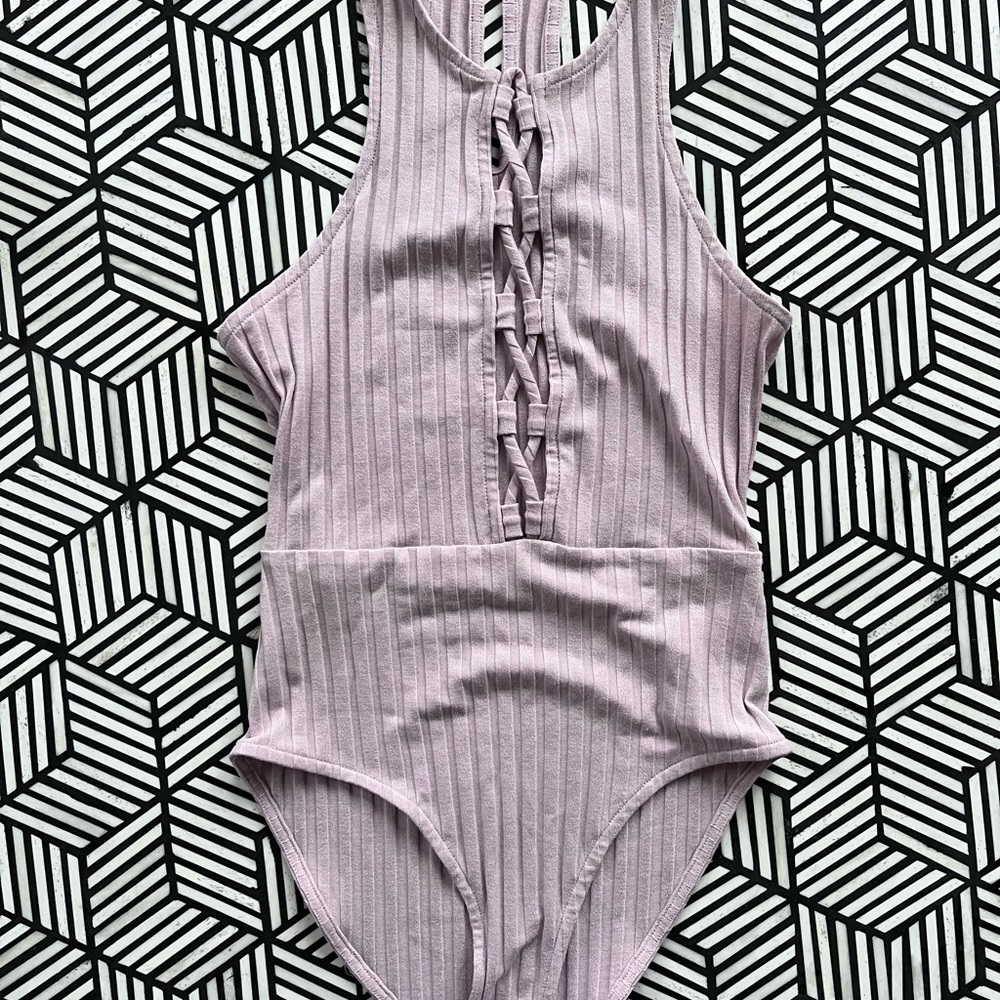 Kendall & Kylie Pink Ribbed Bodysuit with Lace Up Detail